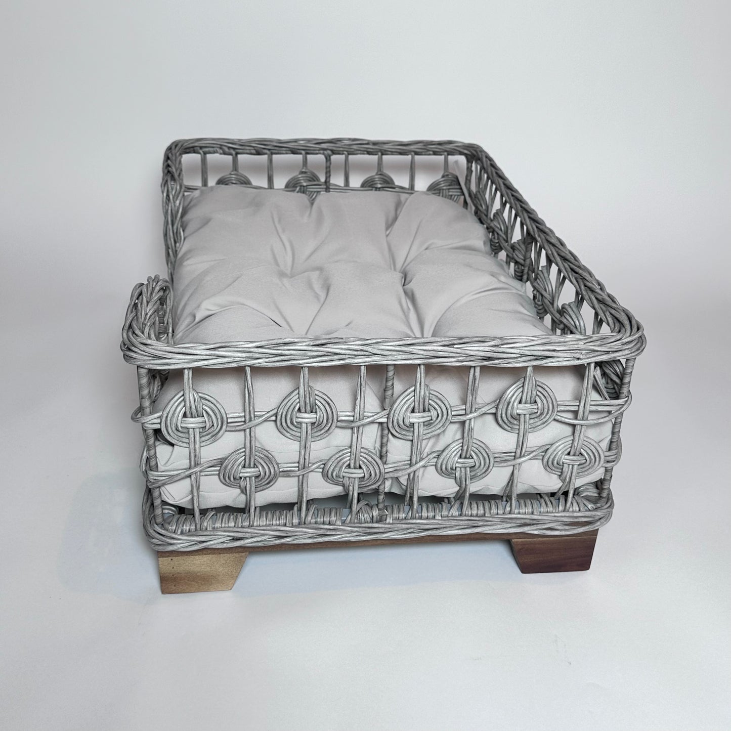 Grey Rectangular Wicker Bed Wood Leg