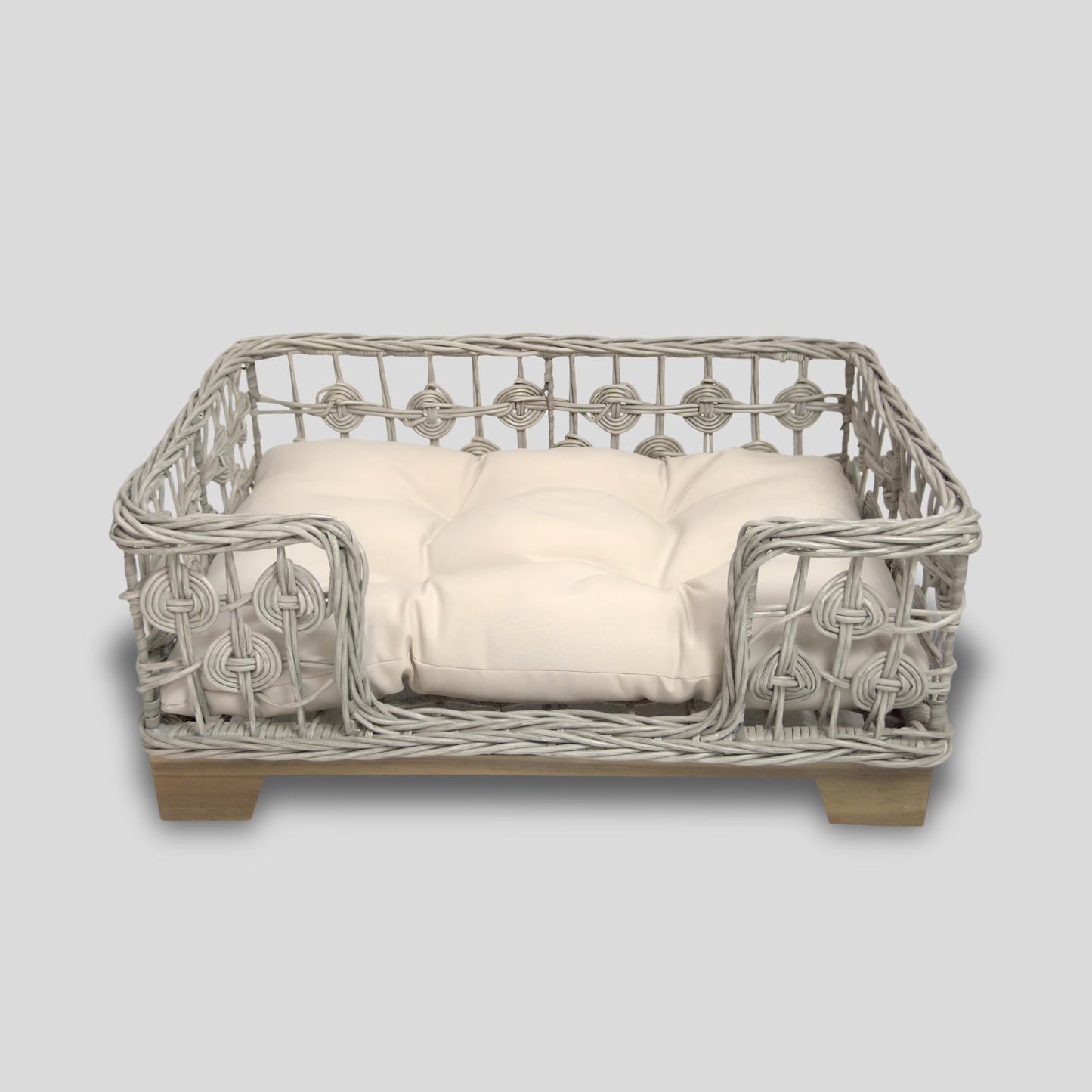 Grey Rectangular Wicker Bed Wood Leg