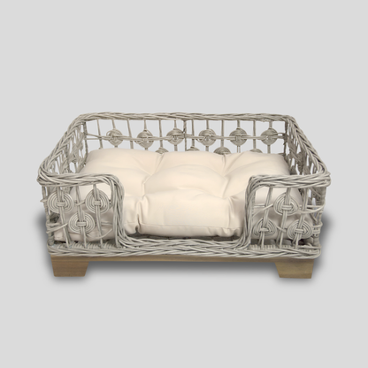 Grey Rectangular Wicker Bed Wood Leg