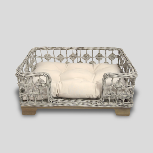 Grey Rectangular Wicker Bed Wood Leg