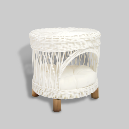 White Round Wicker Hut Wood Leg