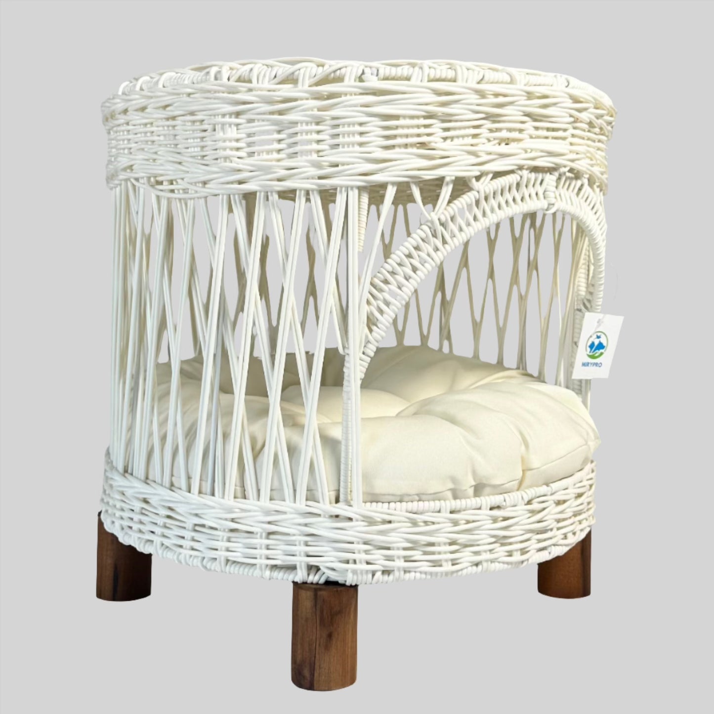 White Round Wicker Hut Wood Leg