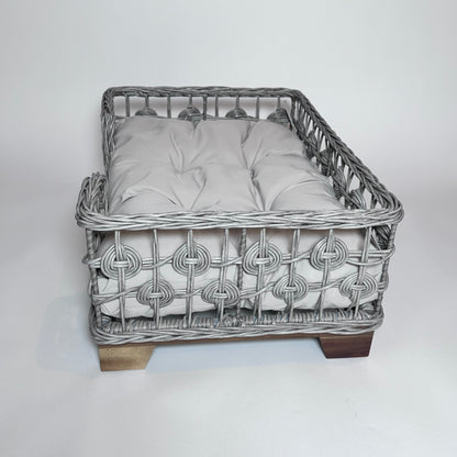 Grey Rectangular Wicker Bed Wood Leg