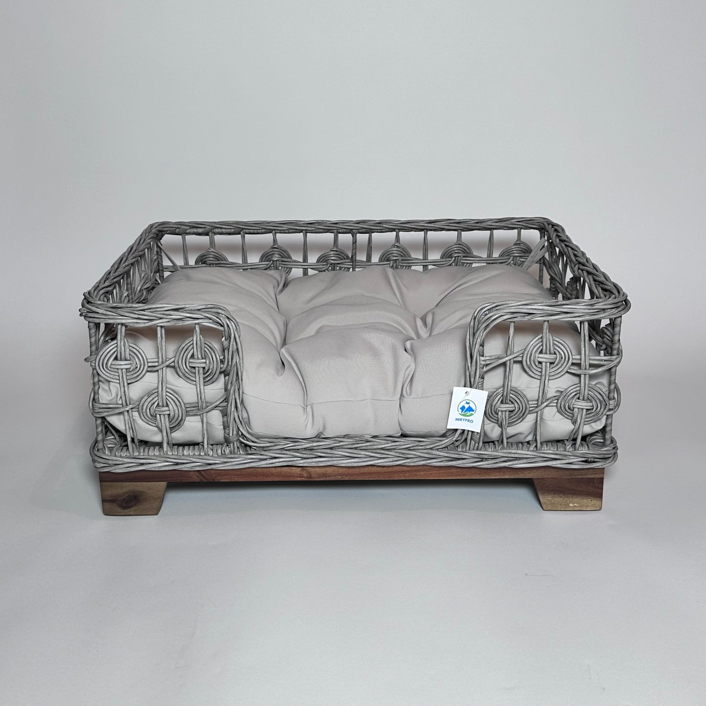 Grey Rectangular Wicker Bed Wood Leg