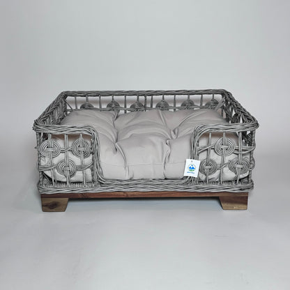 Grey Rectangular Wicker Bed Wood Leg