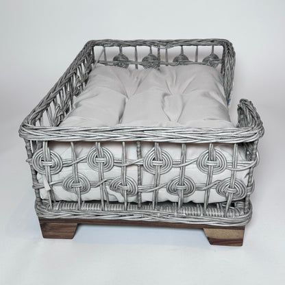 Grey Rectangular Wicker Bed Wood Leg
