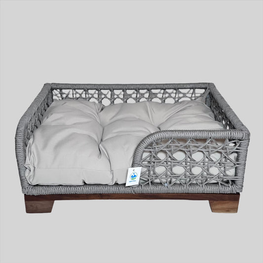 Grey Rectangular Rope Bed Wood Leg