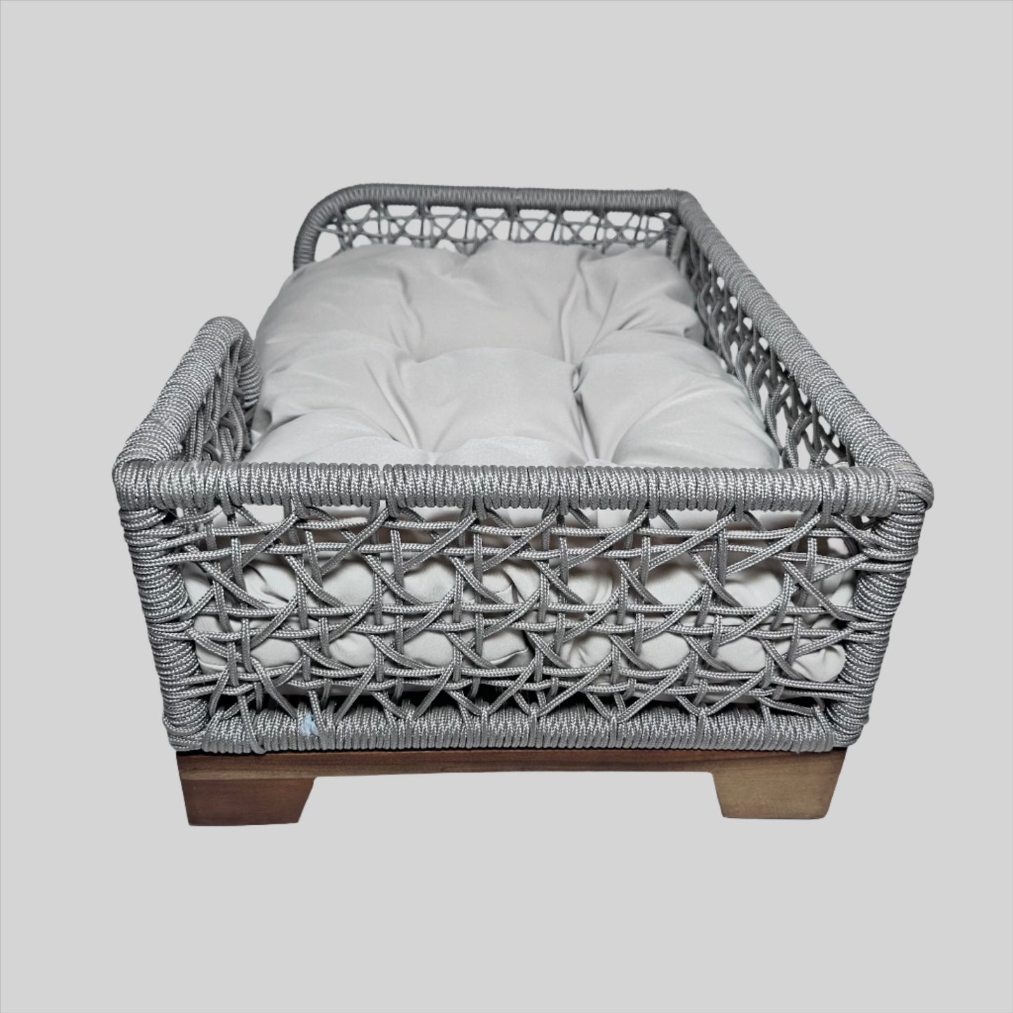 Grey Rectangular Rope Bed Wood Leg