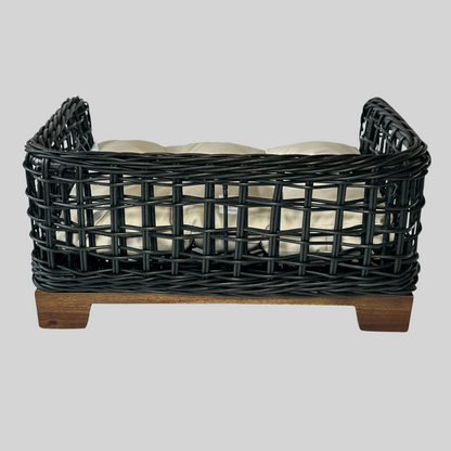 Black Rectangular Wicker Bed Wood Leg